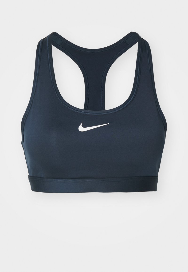 Navy Sport-BH aus glattem, elastischem Material mit Racerback-Design und weißem Nike-Logo auf der Vorderseite.