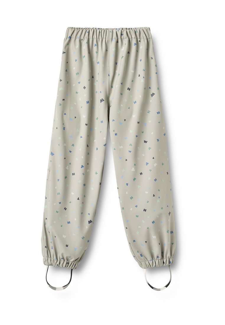 Hellgraue Hose mit elastischem Bund, versehen mit einem farbenfrohen abstrakten Muster und silbernen Metallakzenten an den Bündchen.