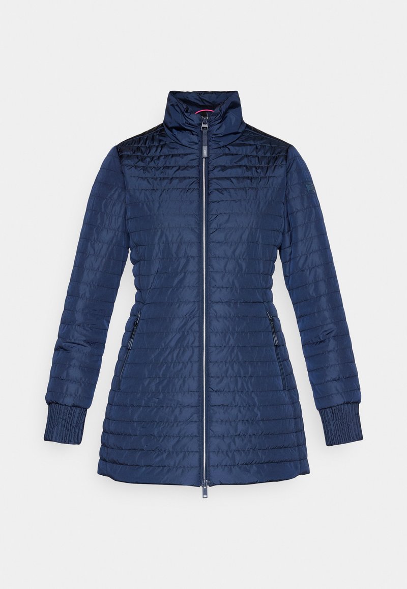 Marineblaue gesteppte lange Jacke mit hohem Kragen, durchgehendem Frontreißverschluss, seitlichen Reißverschlusstaschen und gerippten Ärmelbündchen.