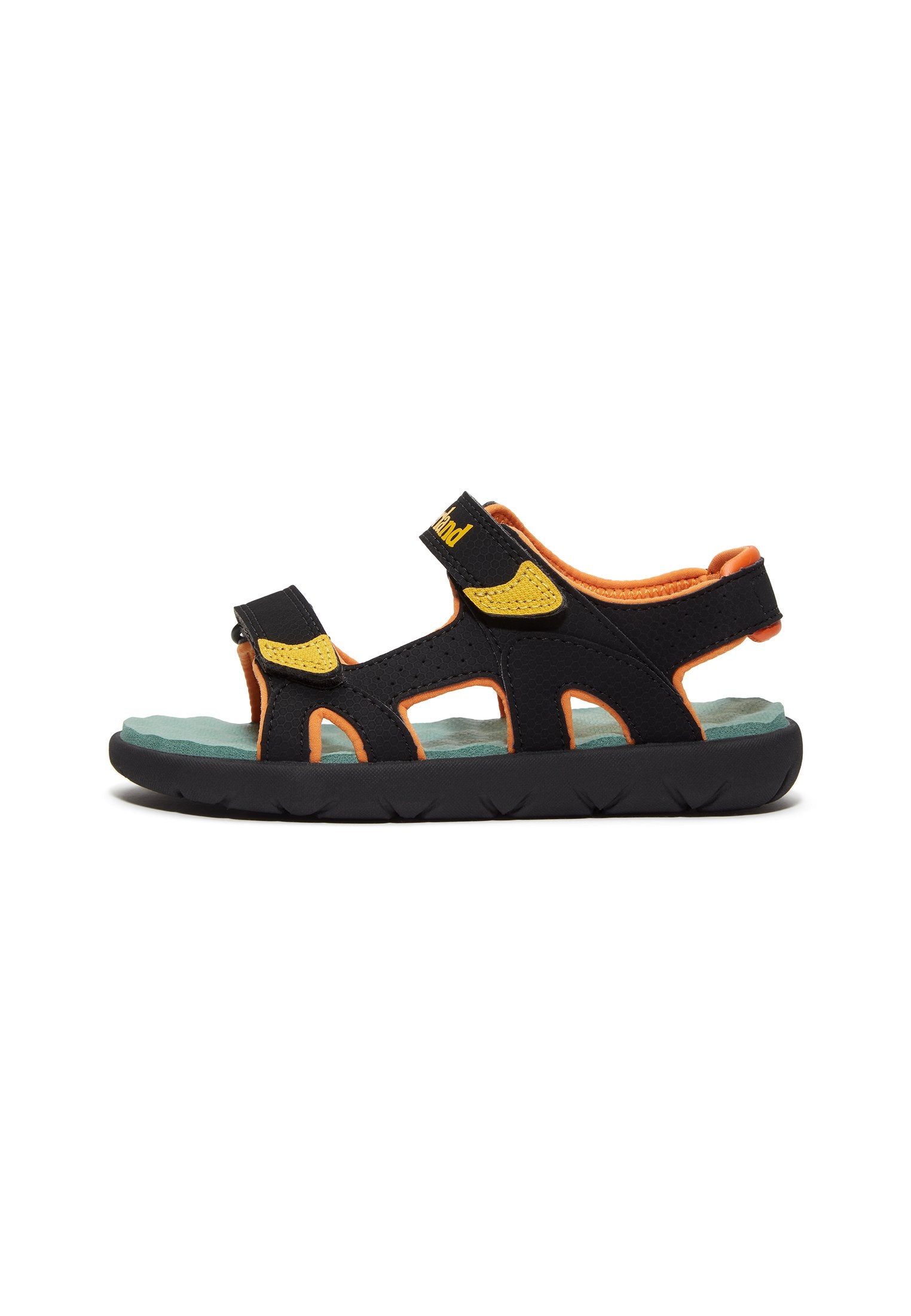 Schwarze Sandale mit orangefarbenen und gelben Akzenten, verstellbaren Riemen, Schauminnensohle und gepolsterter Sohle mit strukturiertem Griff für Traktion.