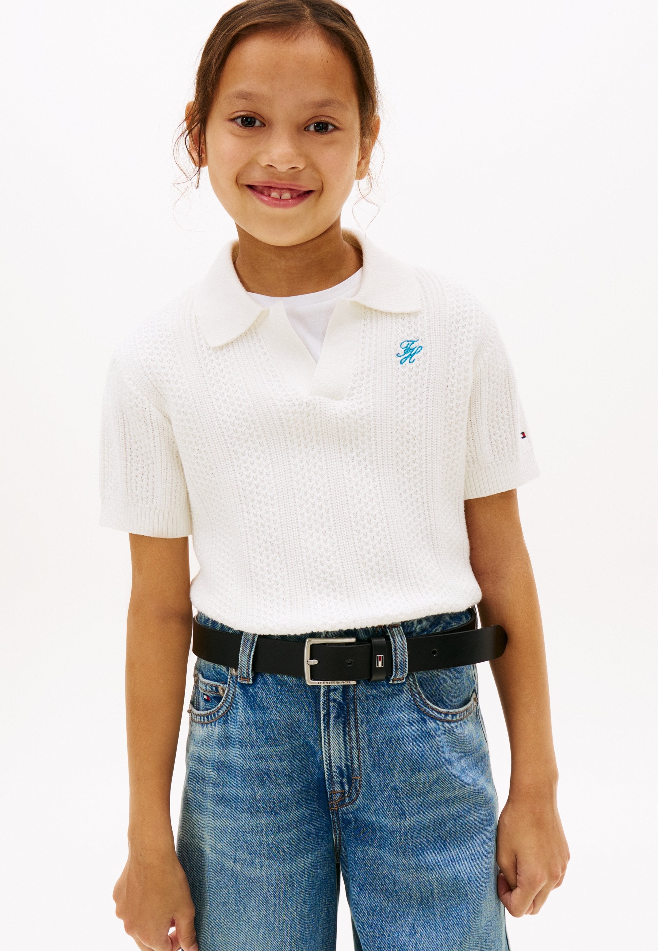 CROCHET OPEN PLACKET POLO TOP Media 3