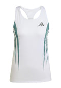 Weißes Sport-Tanktop mit türkisfarbenen Akzenten und geometrischem Muster. Verfügt über ein Racerback-Design und leichten, strukturierten Stoff.