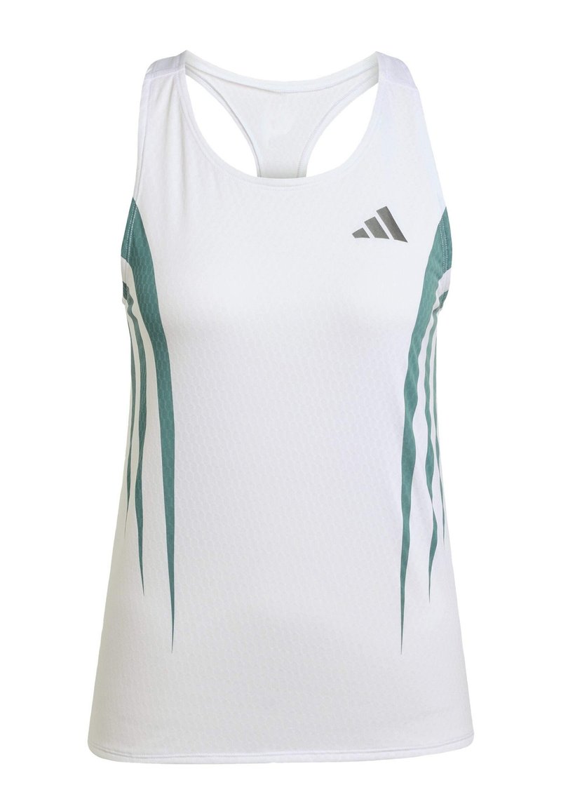 Weißes Sport-Tanktop mit türkisfarbenen Akzenten und geometrischem Muster. Verfügt über ein Racerback-Design und leichten, strukturierten Stoff.