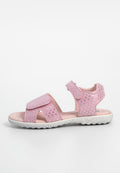 Rosa Sandalen mit floralen Muster, Klettverschluss, offenes Zehendesign und strukturierter weißer Gummisohle, ausgestattet mit einer gepolsterten Innensohle.