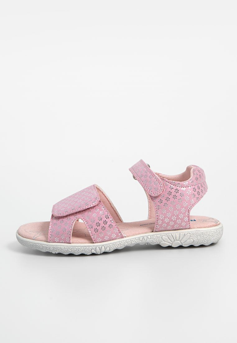 Rosa Sandalen mit floralen Muster, Klettverschluss, offenes Zehendesign und strukturierter weißer Gummisohle, ausgestattet mit einer gepolsterten Innensohle.