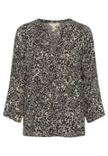 V-Ausschnitt-Bluse mit einem schwarz-beigen Leopardenmuster, drei Viertelärmeln und einer lockeren, fließenden Form.