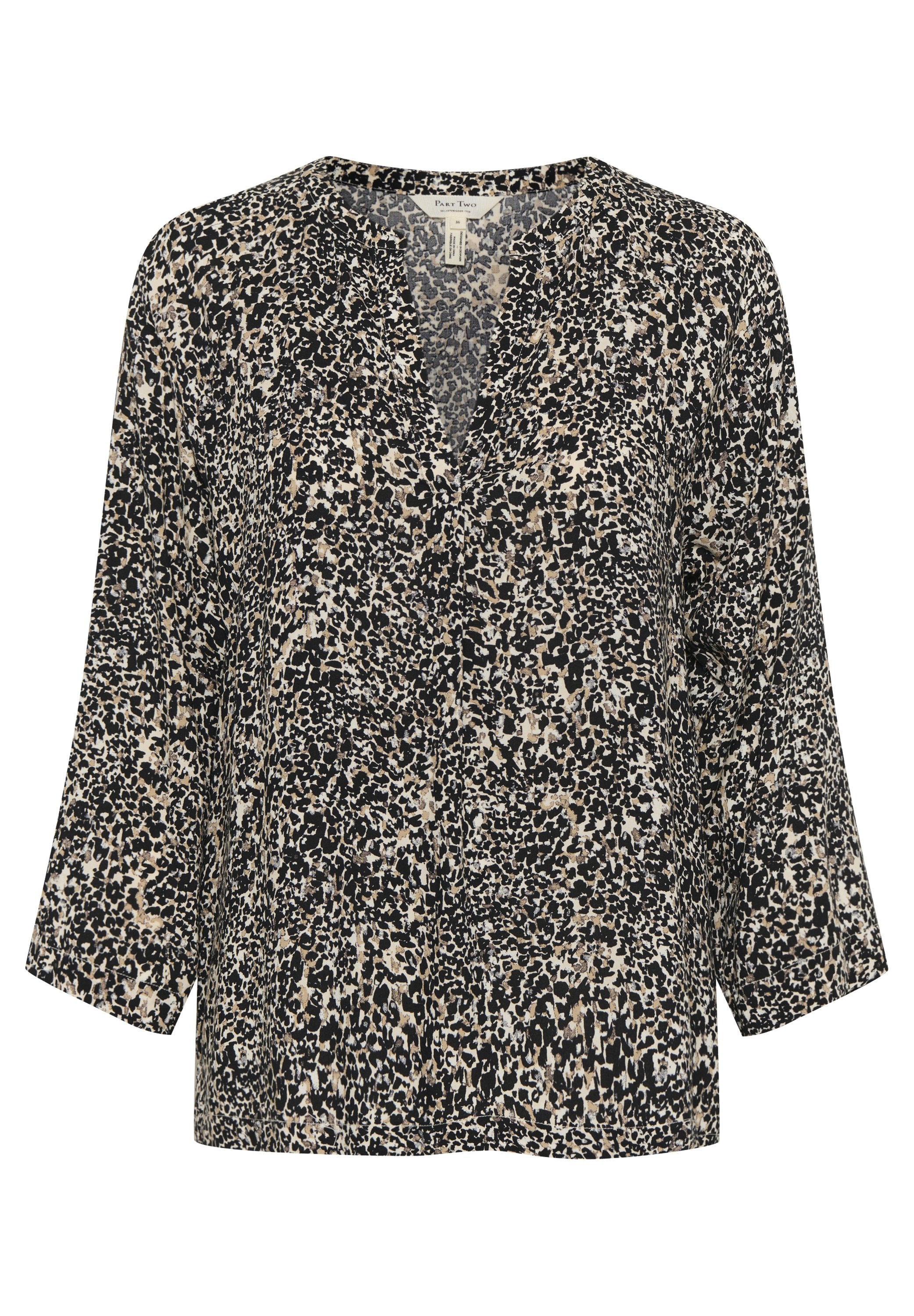 V-Ausschnitt-Bluse mit einem schwarz-beigen Leopardenmuster, drei Viertelärmeln und einer lockeren, fließenden Form.