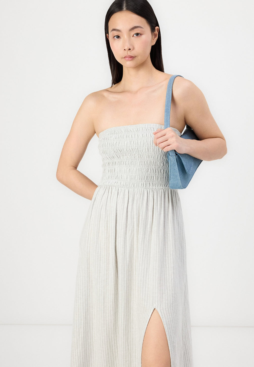 Hollister Co. STRAPLESS LINEN DROP WAIST CHANNELED MIDI DRESS