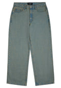 Helle blaue Jeans aus Denim mit lockerer Passform, geraden Beinen, fünf Taschen und einem Reißverschluss. Ausgewaschene, strukturierte Optik mit sichtbaren Nähten.