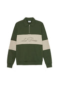 Olivgrüner Pullover mit kragenähnlichem Ausschnitt, halber Reißverschluss und cremfarbenen horizontalen Streifen. Verfügt über einen gestickten "Les Deux"-Schriftzug.