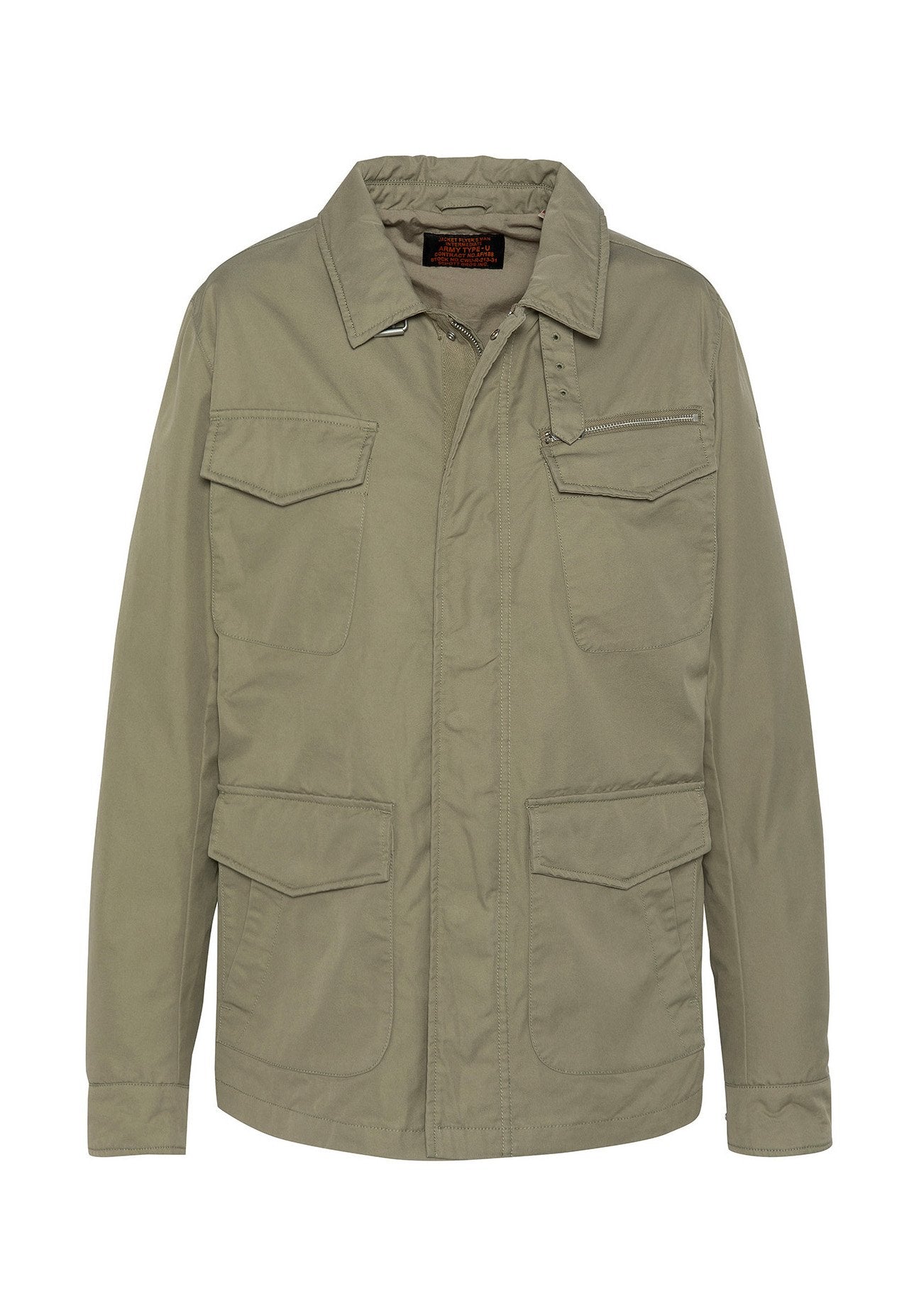Olivengrüne Jacke aus leichtem Stoff, mit Kragen, zwei Brusttaschen und zwei Seitentaschen; mit Reißverschluss und Druckknopfverschluss vorne.