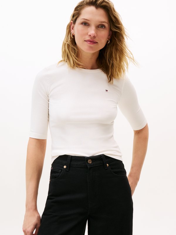 Tommy Hilfiger RIBBED SLIM HALF SLEEVE T-SHIRT - Print T-shirt - ivory silk