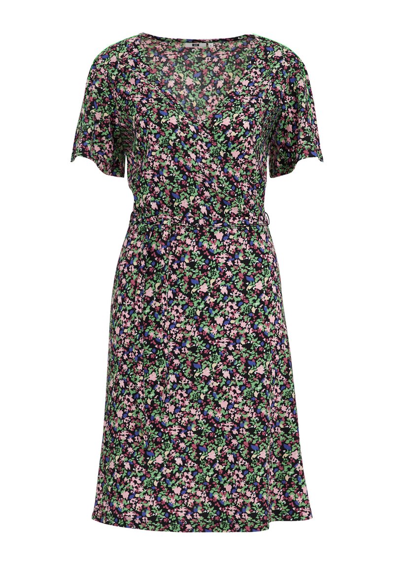 Blumenkleid mit schwarzem Hintergrund, kurze Ärmel, tiefen V-Ausschnitt und tailliertem Schnitt. Das Muster zeigt pinke, grüne und lila Blumen.