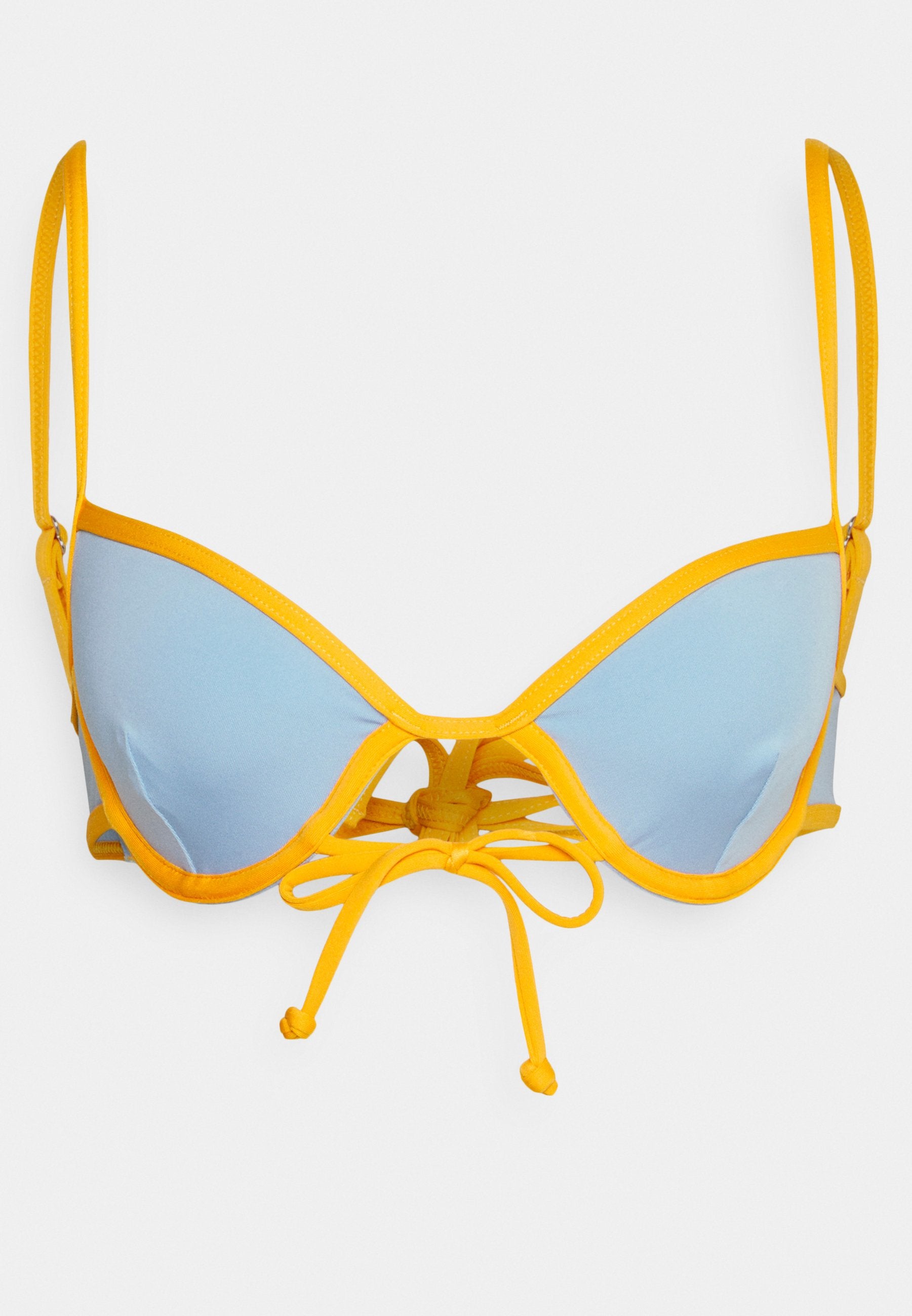 Himmelblauer Bikini-Oberteil mit gelben Akzenten, ausgestattet mit einem strukturierten Design, verstellbaren Trägern und einem zentralen Bindedetail für einen passgenauen Look.