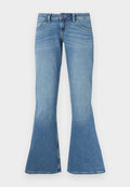Blaue Denim-Flared-Jeans mit hoher Taille, fünf Taschen, kontrastierenden Nähten und einem leichten Farbverlauf zum Saum hin.