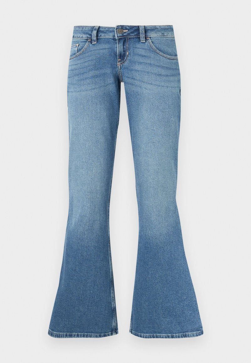 Blaue Denim-Flared-Jeans mit hoher Taille, fünf Taschen, kontrastierenden Nähten und einem leichten Farbverlauf zum Saum hin.