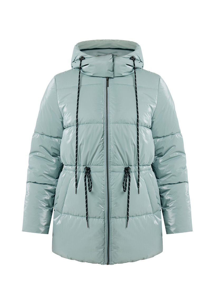 Helle grüne, glänzende Daunenjacke mit Kapuze. Verfügt über einen taillierten Schnitt mit verstellbaren Kordeln, vertikalem Steppdesign und schwarzem Reißverschluss.