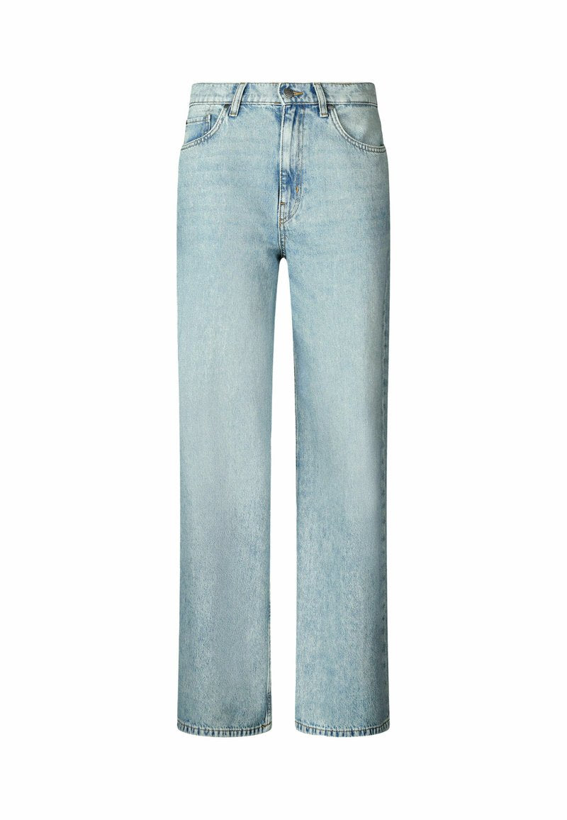 Helleblaue Jeans aus Denim mit geradem Bein, hohem Bund und verblasster Textur. Verfügt über fünf Taschen und klassische Nähte.