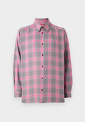 Grau karierte Button-up-Hemden mit pinken Akzenten, langen Ärmeln, einem klassischen Kragen und einem Logo auf der oberen linken Brust.
