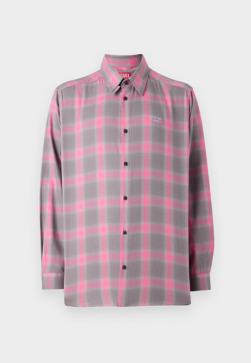 Grau karierte Button-up-Hemden mit pinken Akzenten, langen Ärmeln, einem klassischen Kragen und einem Logo auf der oberen linken Brust.