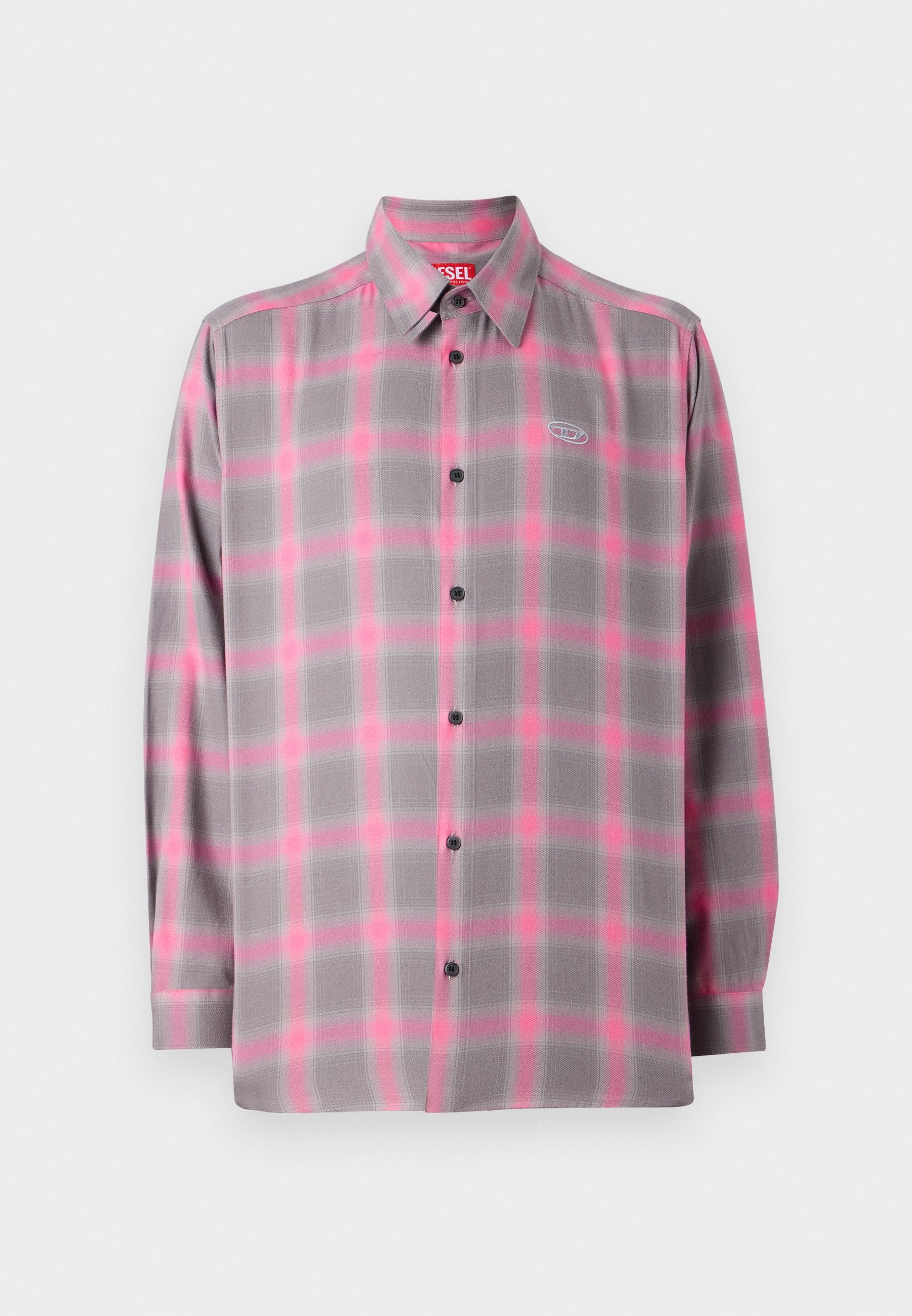 Grau karierte Button-up-Hemden mit pinken Akzenten, langen Ärmeln, einem klassischen Kragen und einem Logo auf der oberen linken Brust.