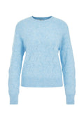 Hellesblaues Strickpullover mit wellenförmigem Muster, Rundhalsausschnitt und gerippten Bündchen und Saum. Aus weichem Garn gefertigt.