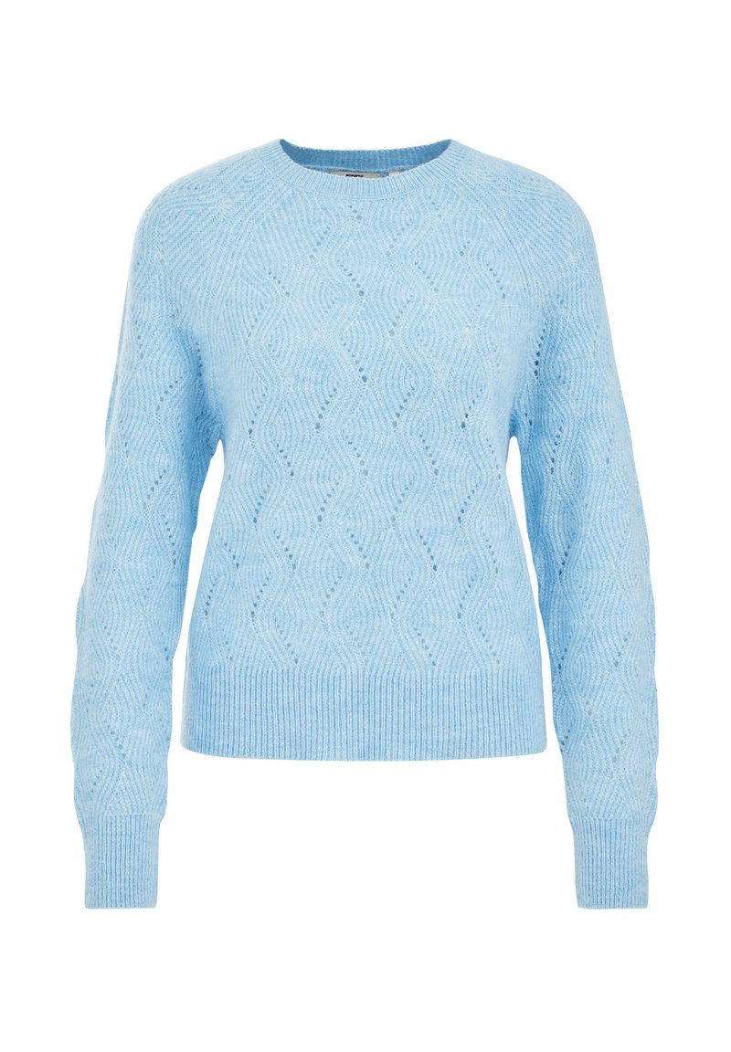 Hellesblaues Strickpullover mit wellenförmigem Muster, Rundhalsausschnitt und gerippten Bündchen und Saum. Aus weichem Garn gefertigt.