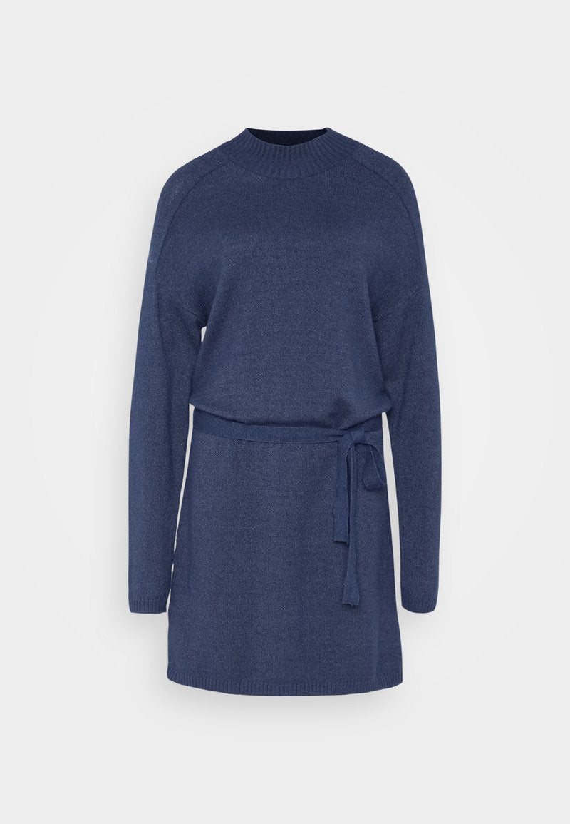Marineblaues Strickkleid mit langen Ärmeln, Rundhalsausschnitt und einem taillierten Bund. Verfügt über gerippte Bündchen und Saum für zusätzlichen Textur.