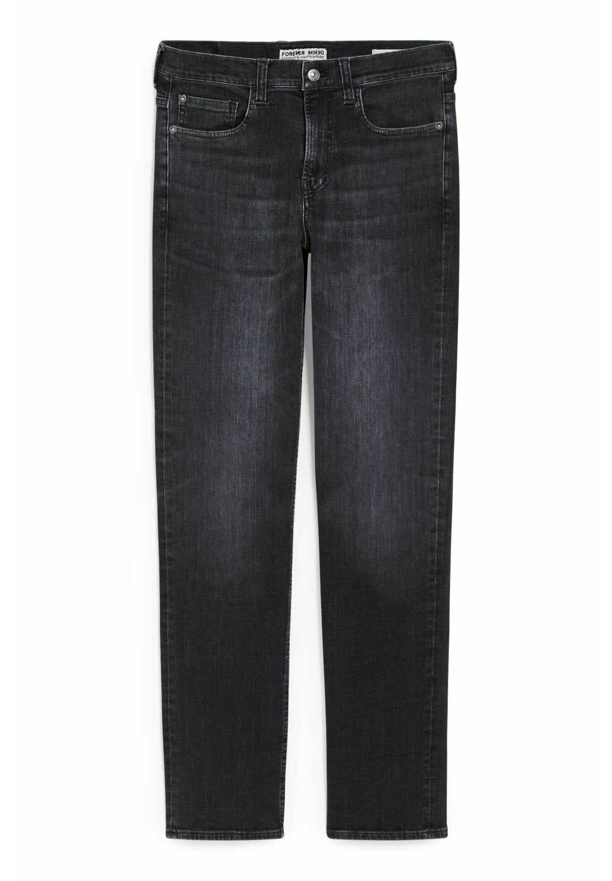 Schwarze Denim-Jeans mit geradem Schnitt, Fünf-Taschen-Design und dezenten Verwaschungen. Mit einem Knopf- und Reißverschluss-Fly versehen.
