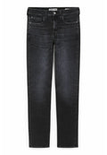 Schwarze Denim-Jeans mit geradem Schnitt, Fünf-Taschen-Design und dezenten Verwaschungen. Mit einem Knopf- und Reißverschluss-Fly versehen.