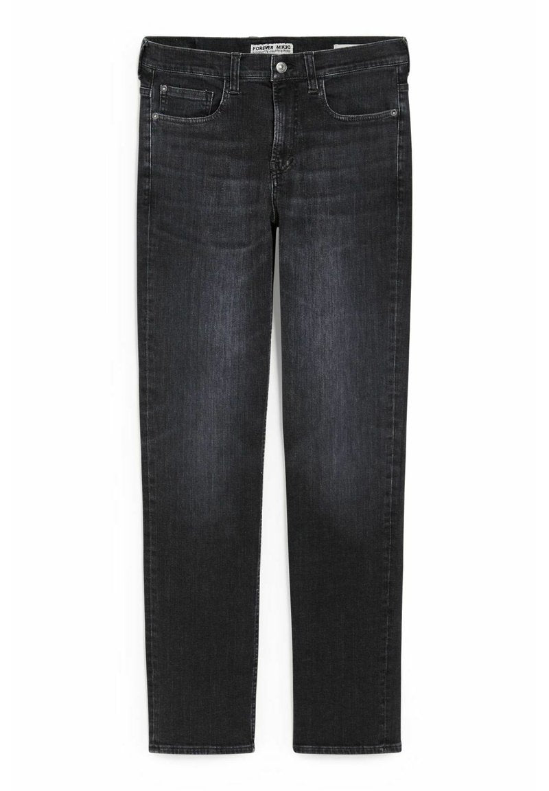 Schwarze Denim-Jeans mit geradem Schnitt, Fünf-Taschen-Design und dezenten Verwaschungen. Mit einem Knopf- und Reißverschluss-Fly versehen.
