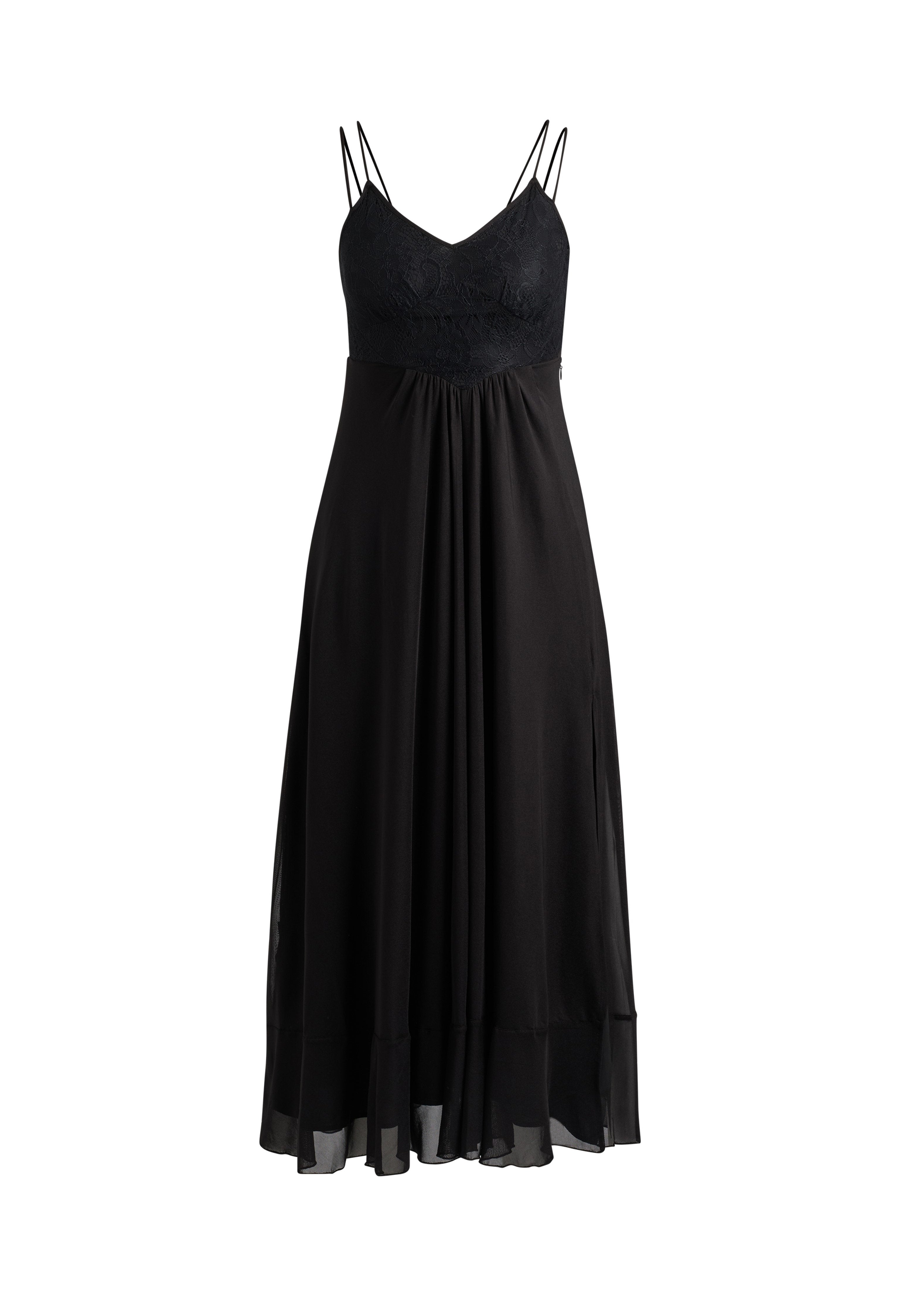 Schwarzes Kleid mit einem Spitzen-Oberteil, dünnen verstellbaren Trägern und einem fließenden Rock mit transparenten Akzenten am Saum. Glatte Textur über das gesamte Kleid.