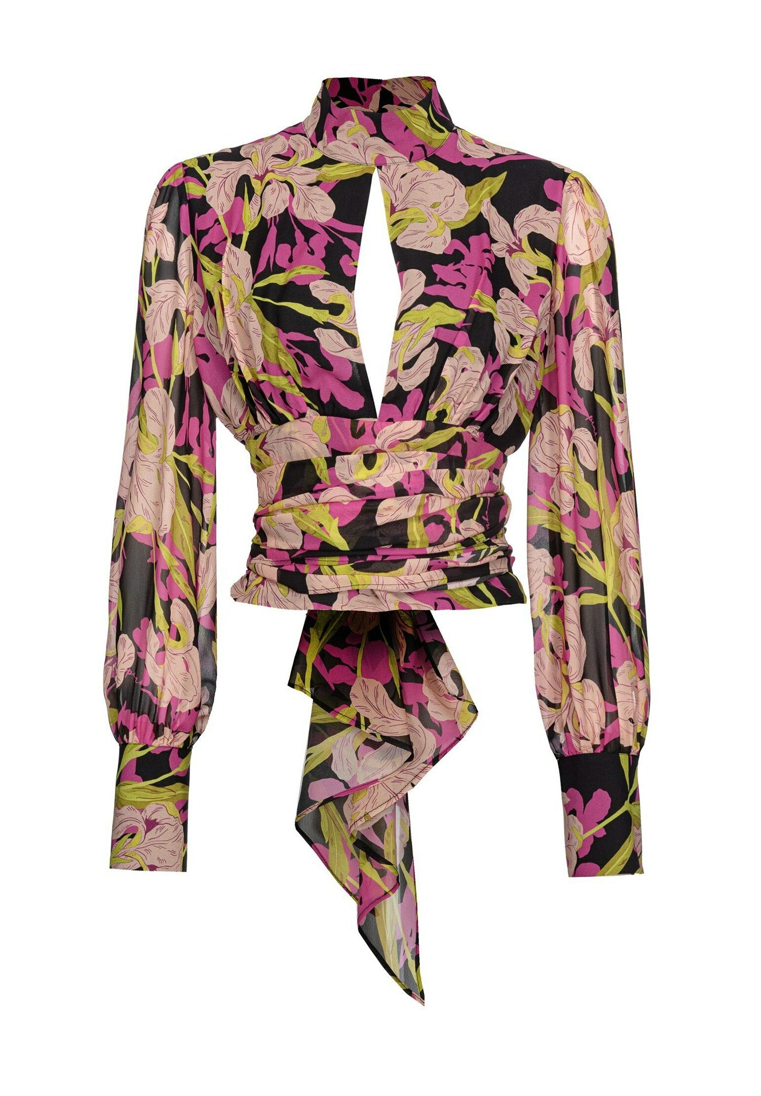 Blumenbluse aus transparentem schwarzem Stoff mit rosa und grünen Mustern, einem hohen Kragen und einem Schlitz am Ausschnitt, ausgestattet mit langen, gepufften Ärmeln.