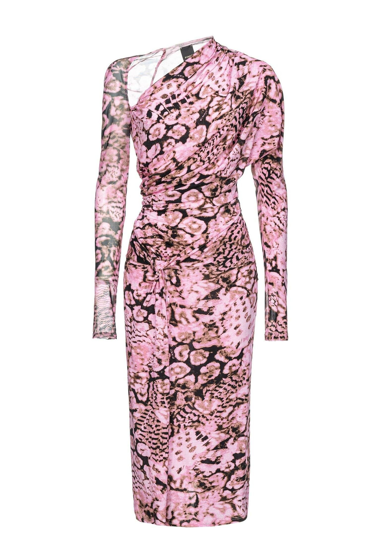 Langärmliges, einseitig getragenes Kleid mit pink-schwarzem Leopardenmuster, das über ein drapiertes Design, eine weiche Textur und seitliche Knotendetails verfügt.