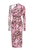 Langärmliges, einseitig getragenes Kleid mit pink-schwarzem Leopardenmuster, das über ein drapiertes Design, eine weiche Textur und seitliche Knotendetails verfügt.