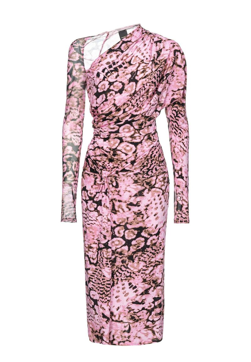 Langärmliges, einseitig getragenes Kleid mit pink-schwarzem Leopardenmuster, das über ein drapiertes Design, eine weiche Textur und seitliche Knotendetails verfügt.