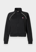 Schwarze Reißverschlussjacke mit hohem Kragen aus glattem Stoff. Verfügt über weiße Paspelierungen an den Schultern und ein kleines Logo auf der Brust.