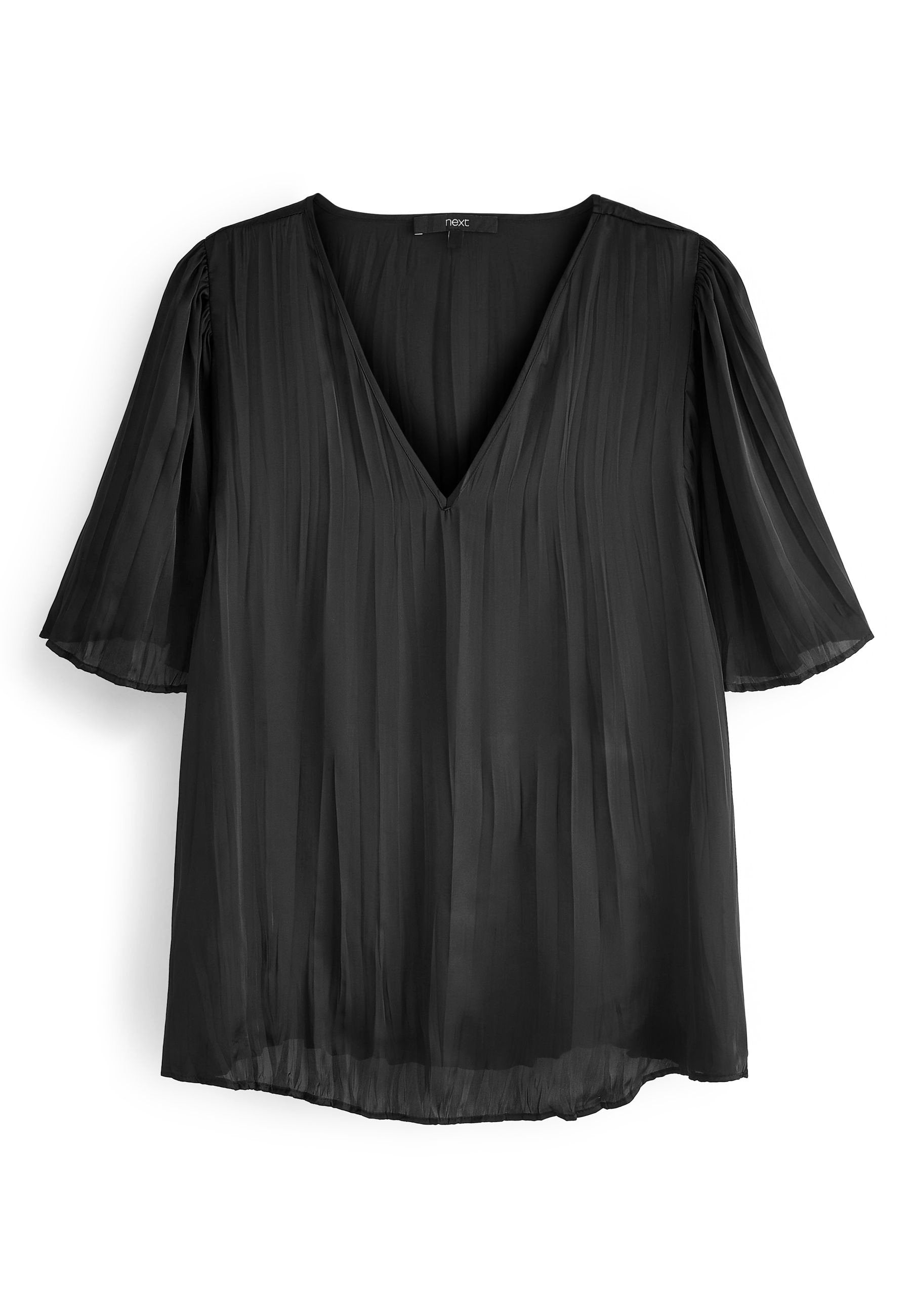 Schwarze plissierte Bluse mit tiefem V-Ausschnitt und kurzen Ärmeln. Hergestellt aus leichtem, durchscheinendem Stoff mit glatter Textur.