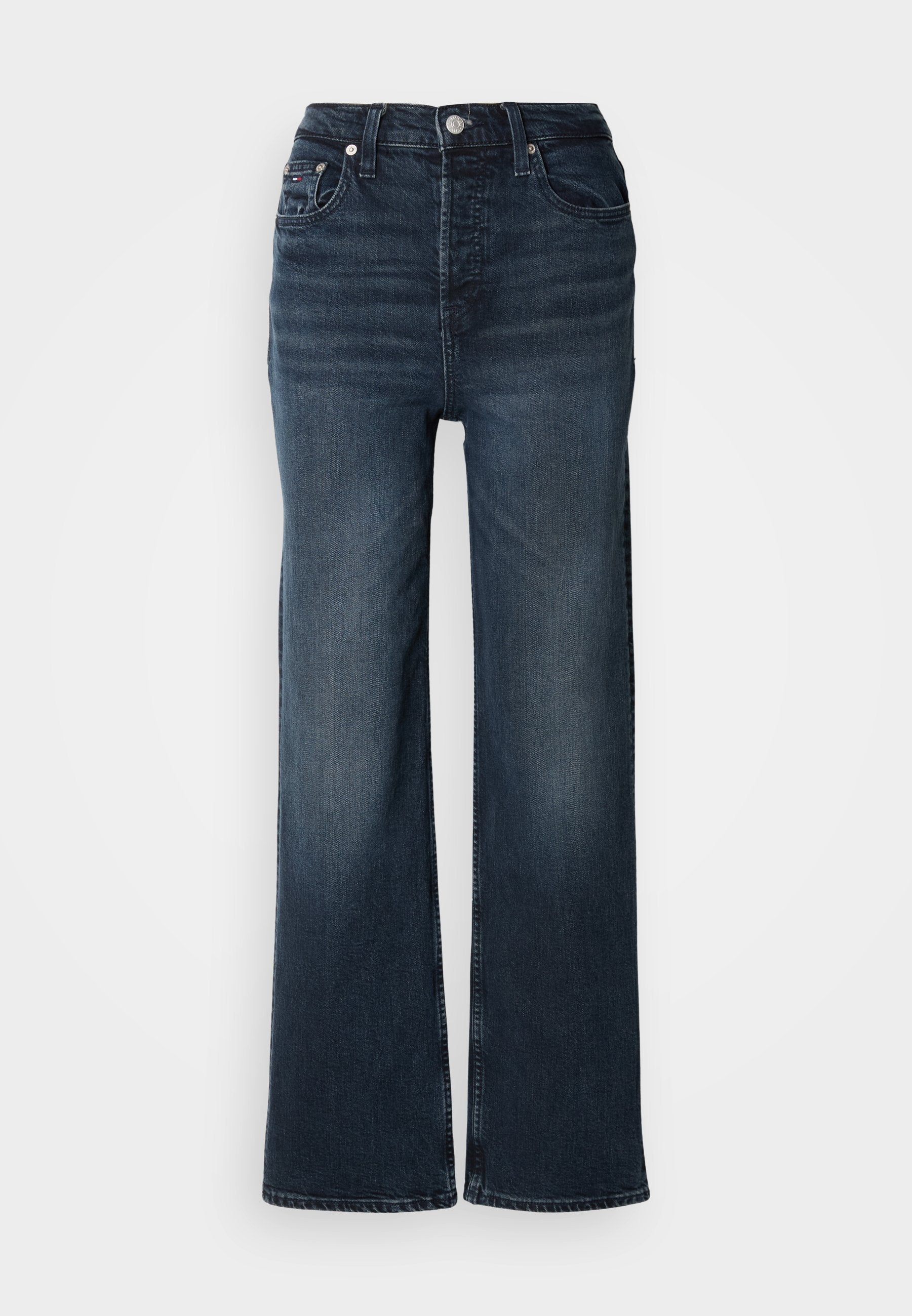 Dunkelblaue weit geschnittene Jeans aus Denim. Hohe Taille mit Verschluss durch einen vorderen Knopf und seitlichen Taschen. Glatte Textur und klassischer Schnitt.