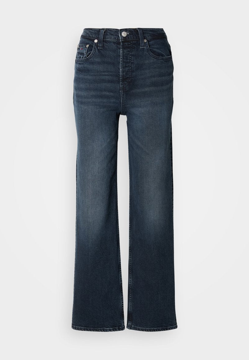 Dunkelblaue weit geschnittene Jeans aus Denim. Hohe Taille mit Verschluss durch einen vorderen Knopf und seitlichen Taschen. Glatte Textur und klassischer Schnitt.