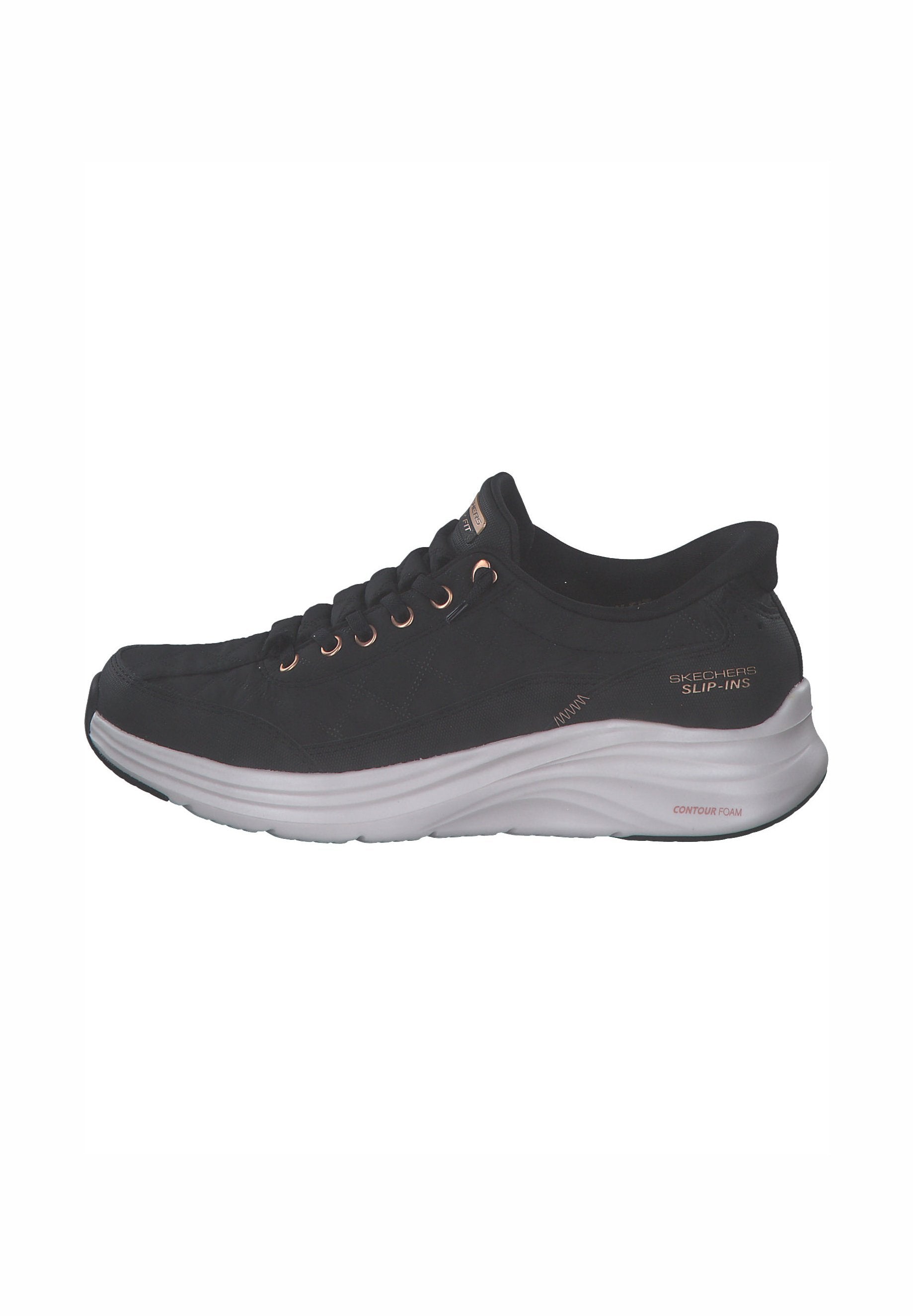 Schwarzer Sneaker mit glattem Obermaterial, rundem Zehenbereich und markanter weißer Zwischensohle. Verfügt über braune Ösen und ein "Contour Foam"-Label an der Seite.