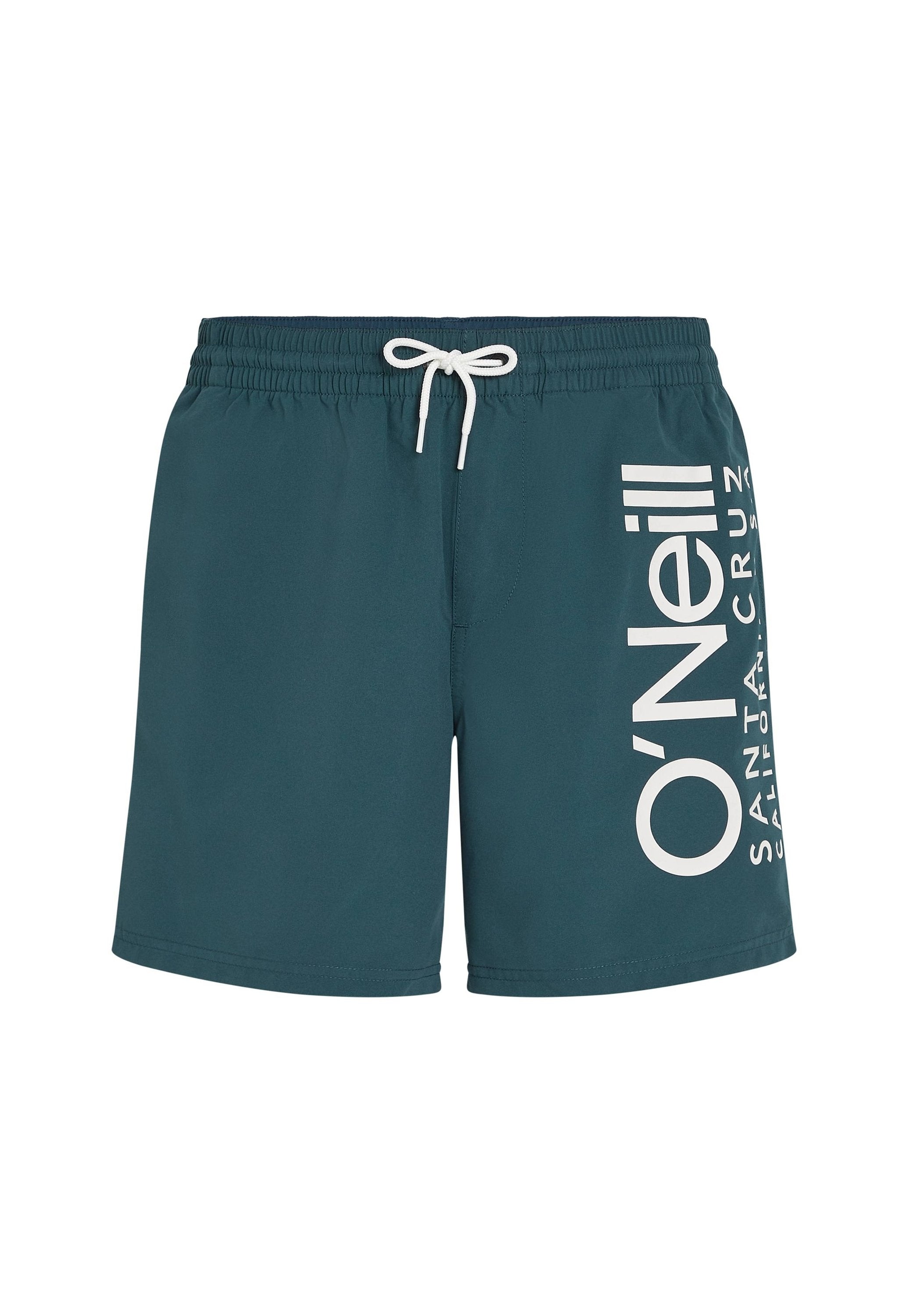 Türkise Bade Shorts aus schnelltrocknendem Material, mit einem weißen Logo-Design an der Seite und einem elastischen Bund mit Kordelzug.