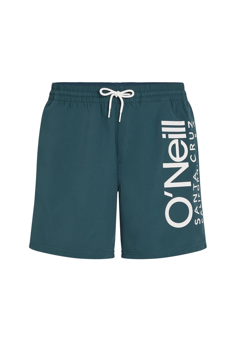 Türkise Bade Shorts aus schnelltrocknendem Material, mit einem weißen Logo-Design an der Seite und einem elastischen Bund mit Kordelzug.