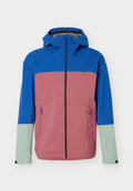 Wasserabweisende Jacke mit blauem Kapuzen- und oberen Ärmelbereich, rosa Oberkörper und hellgrünen unteren Ärmeln, ausgestattet mit einem Frontreißverschluss und seitlichen Reißverschlusstaschen.
