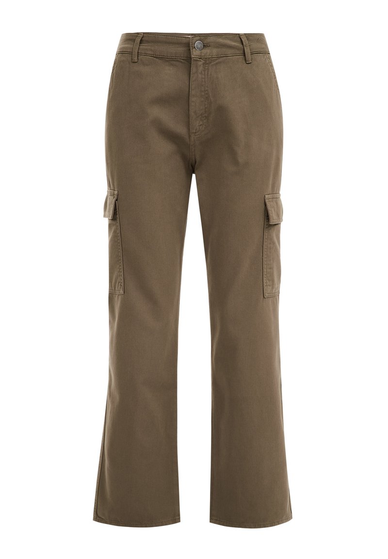 Cargo-Hosen aus olivgrünem Baumwollmix mit weitem Bein, zwei seitlichen Taschen und einem Knopfverschluss an der Taille. Sanfte Textur, lässiges Design.