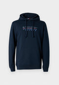Marineblaues Kapuzenpullover aus Baumwolle, mit einer Fronttasche, Kordelzug-Kapuze und "Tommy"-Logo in mehrfarbigem Schriftzug auf der Brust.