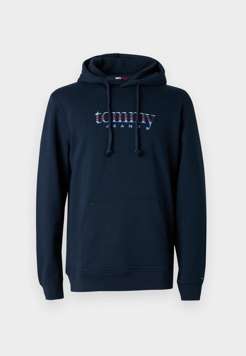 Marineblaues Kapuzenpullover aus Baumwolle, mit einer Fronttasche, Kordelzug-Kapuze und "Tommy"-Logo in mehrfarbigem Schriftzug auf der Brust.