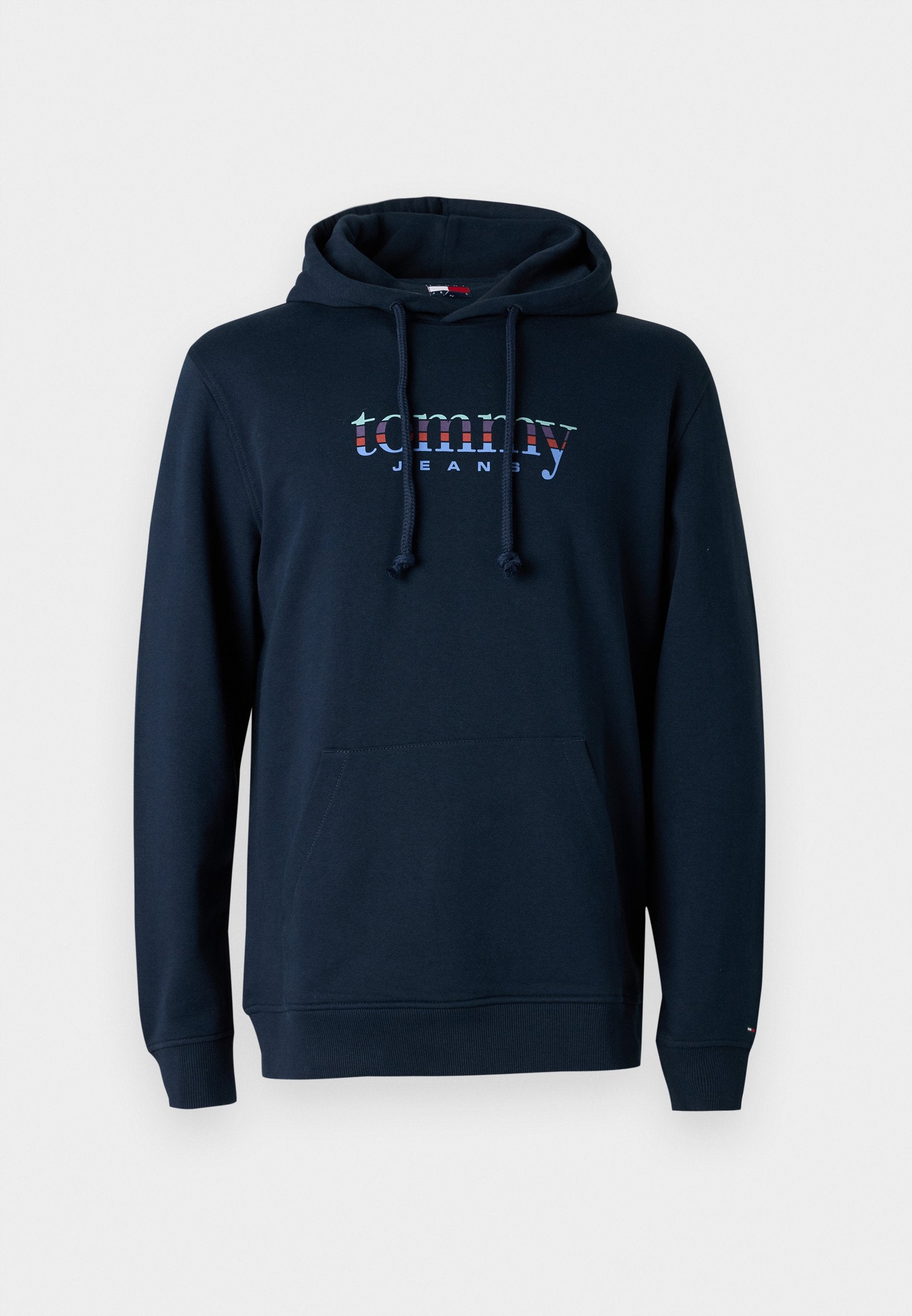 Marineblaues Kapuzenpullover aus Baumwolle, mit einer Fronttasche, Kordelzug-Kapuze und "Tommy"-Logo in mehrfarbigem Schriftzug auf der Brust.