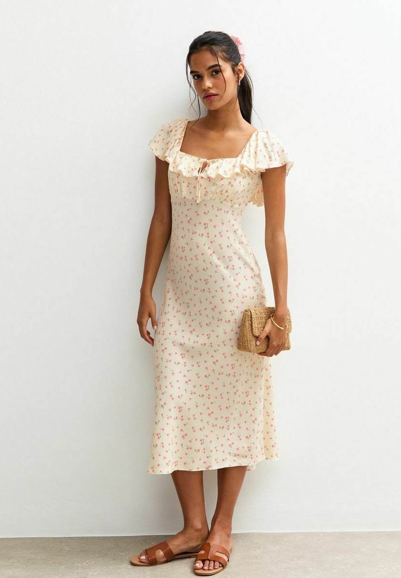 New Look DITSY PRINT SQUARE NECK FRILL TRIM MIDI