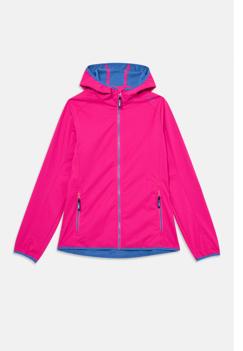 Fuchsia Jacke mit blauem Innenfutter, mit Reißverschluss und zwei Seitentaschen. Leicht, mit Kapuze und elastischen Bündchen.